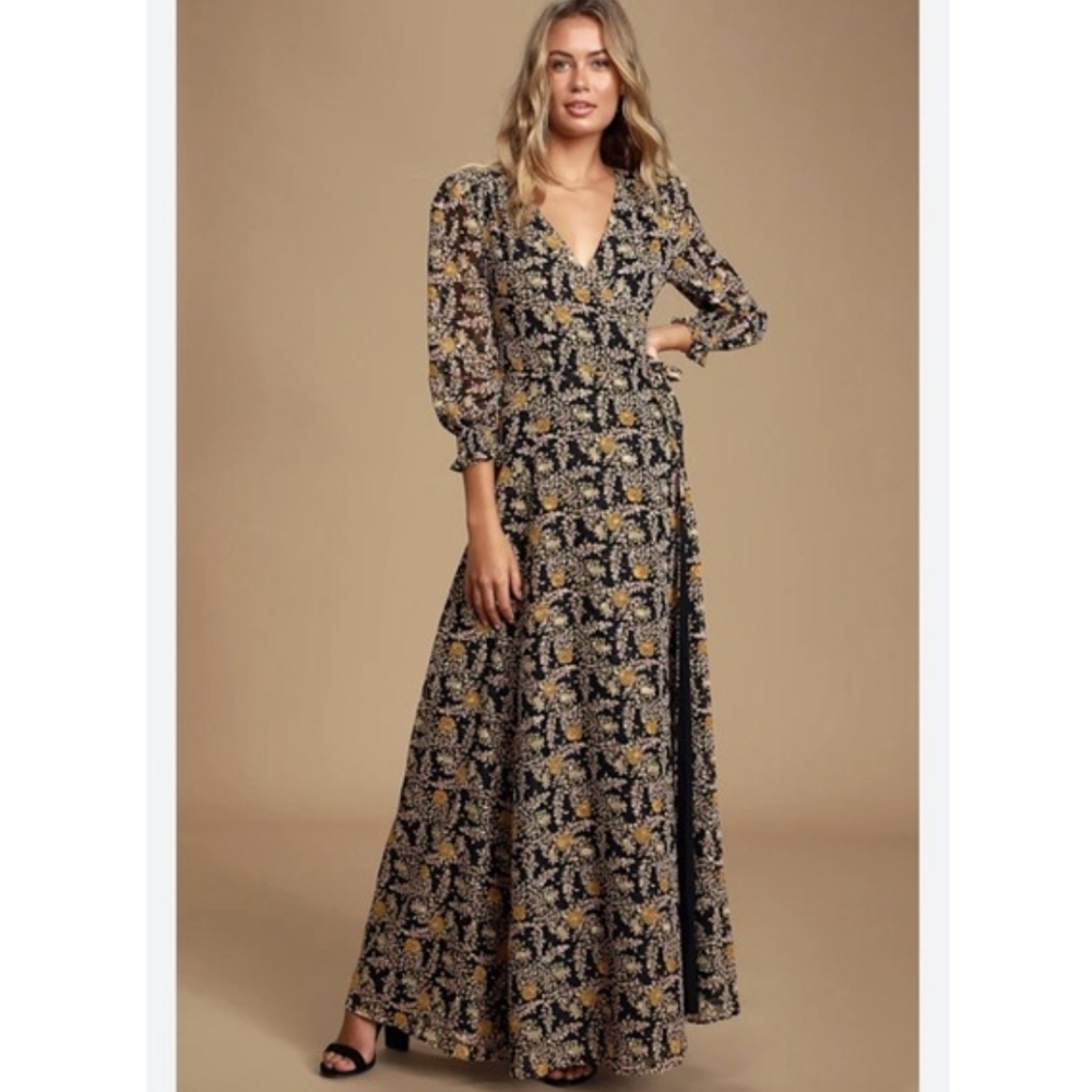 Lulus Meet Me There Black Multi Floral Print Wrap Maxi Dress Medium